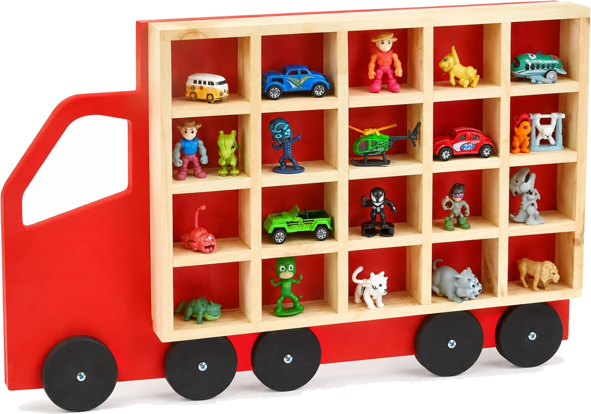 Tantrums wooden truck toy display shelf filled with toys